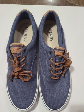 Sperry Blue Canvas Boat Shoes with Tan Leather Trim